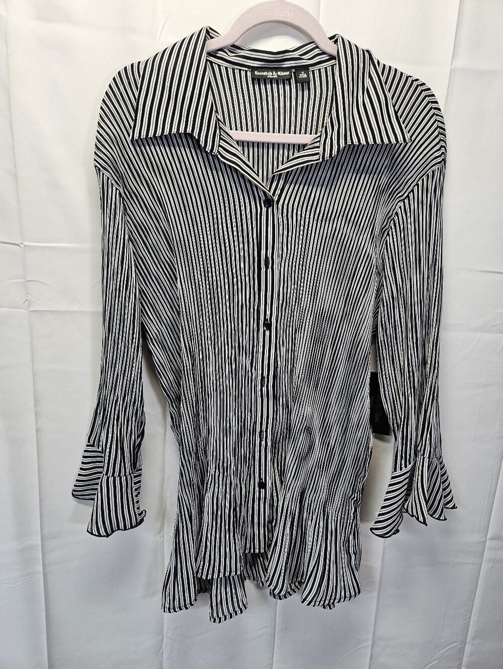 Essentials by Milano NWT Black & White Vertical Stripe Button-Up Stretch Blouse